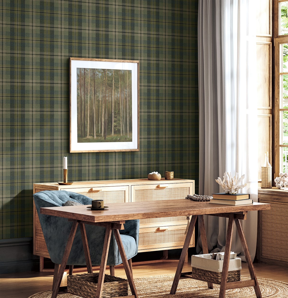 Thornbury Tailored Plaid Peel and Stick wallpaper in greenery color - pattern number HG13104 - by NextWall in the Peel and Stick Wallpaper by Harry and Grace 5 collection