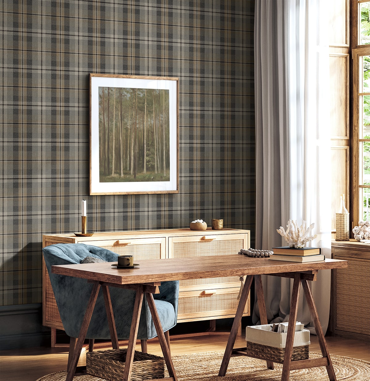 Thornbury Tailored Plaid Peel and Stick wallpaper in cliffside color - pattern number HG13107 - by NextWall in the Peel and Stick Wallpaper by Harry and Grace 5 collection