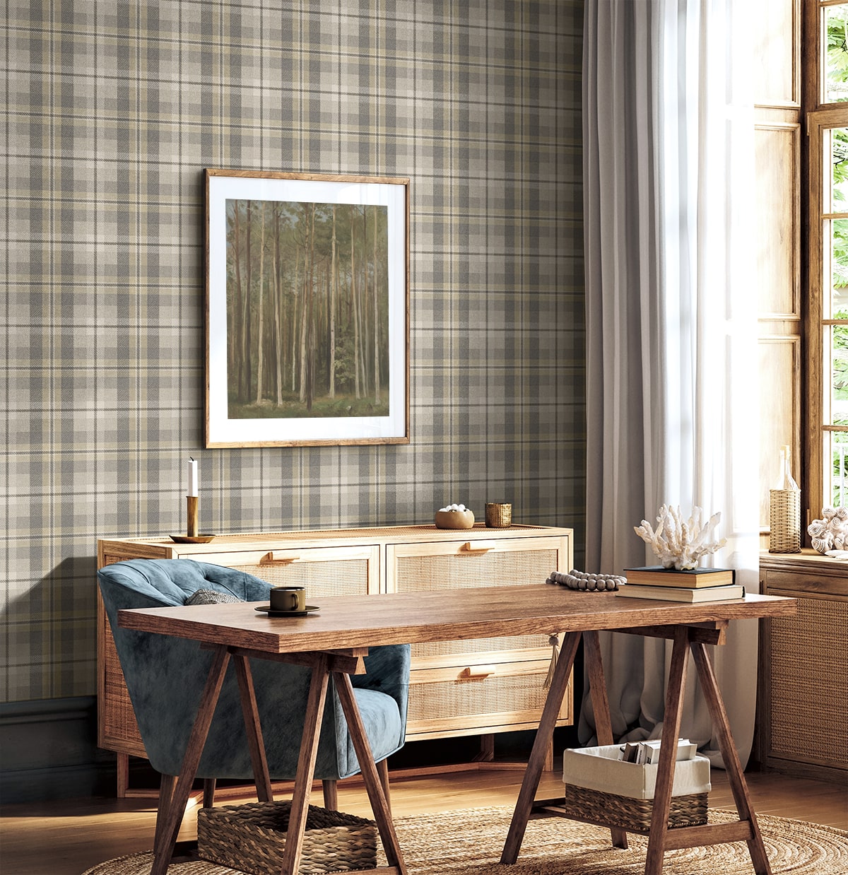Thornbury Tailored Plaid Peel and Stick wallpaper in pavestone color - pattern number HG13108 - by NextWall in the Peel and Stick Wallpaper by Harry and Grace 5 collection