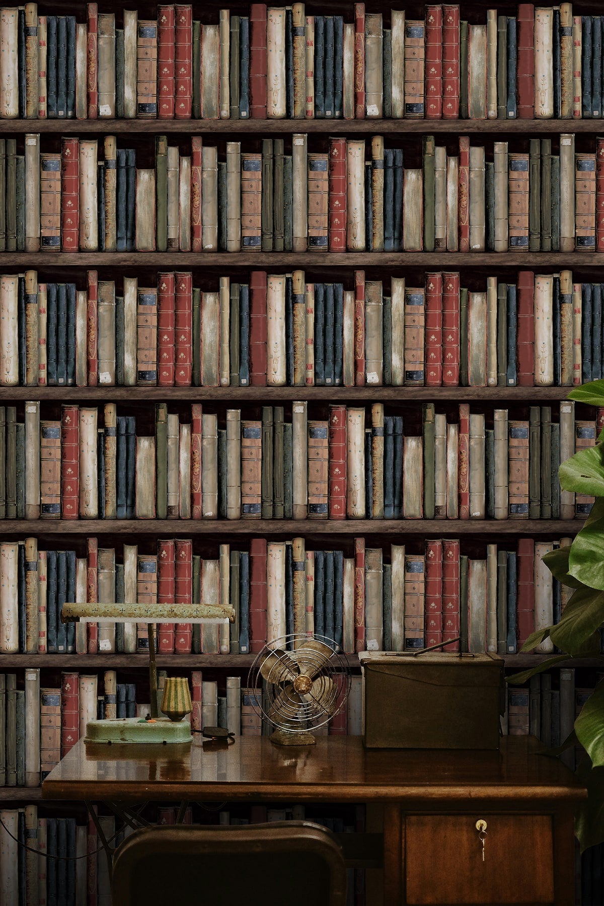 Faux Bookshelves Peel and Stick wallpaper in earth and ember color - pattern number HG13205 - by NextWall in the Peel and Stick Wallpaper by Harry and Grace 5 collection