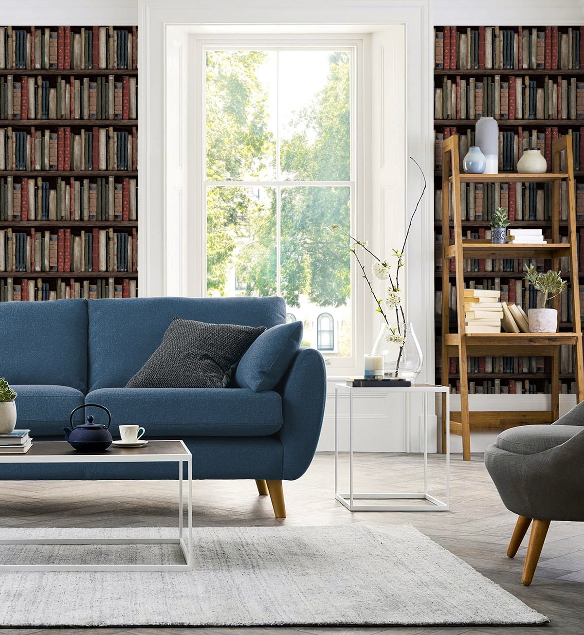 Faux Bookshelves Peel and Stick wallpaper in earth and ember color - pattern number HG13205 - by NextWall in the Peel and Stick Wallpaper by Harry and Grace 5 collection