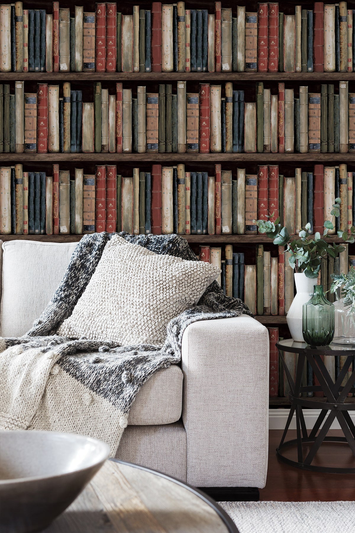 Faux Bookshelves Peel and Stick wallpaper in earth and ember color - pattern number HG13205 - by NextWall in the Peel and Stick Wallpaper by Harry and Grace 5 collection