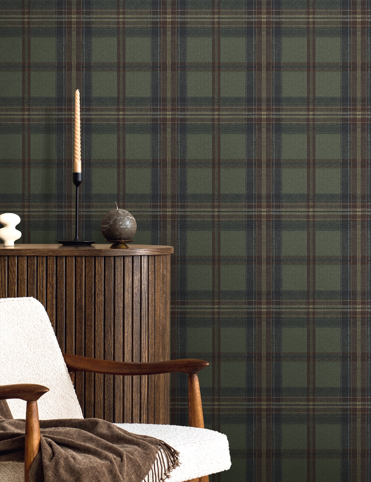 Herringbone Plaid Peel and Stick wallpaper in adobe and antique green color - pattern number HG13704 - by NextWall in the Peel and Stick Wallpaper by Harry and Grace 5 collection