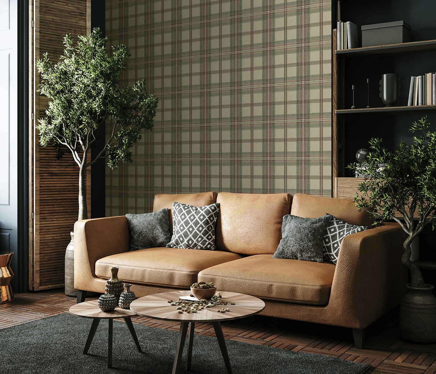 Herringbone Plaid Peel and Stick wallpaper in clay and sage color - pattern number HG13707 - by NextWall in the Peel and Stick Wallpaper by Harry and Grace 5 collection