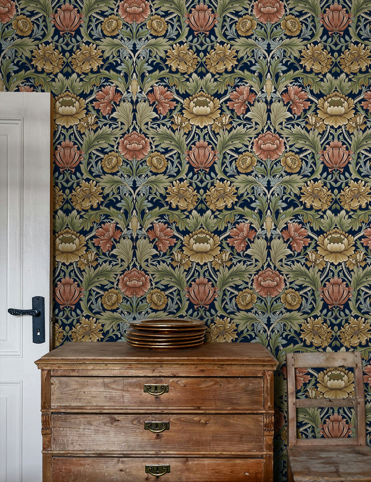 Acanthus Floral Cameo Peel and Stick wallpaper in dark blue color - pattern number HG14002 - by NextWall in the Peel and Stick Wallpaper by Harry and Grace 5 collection