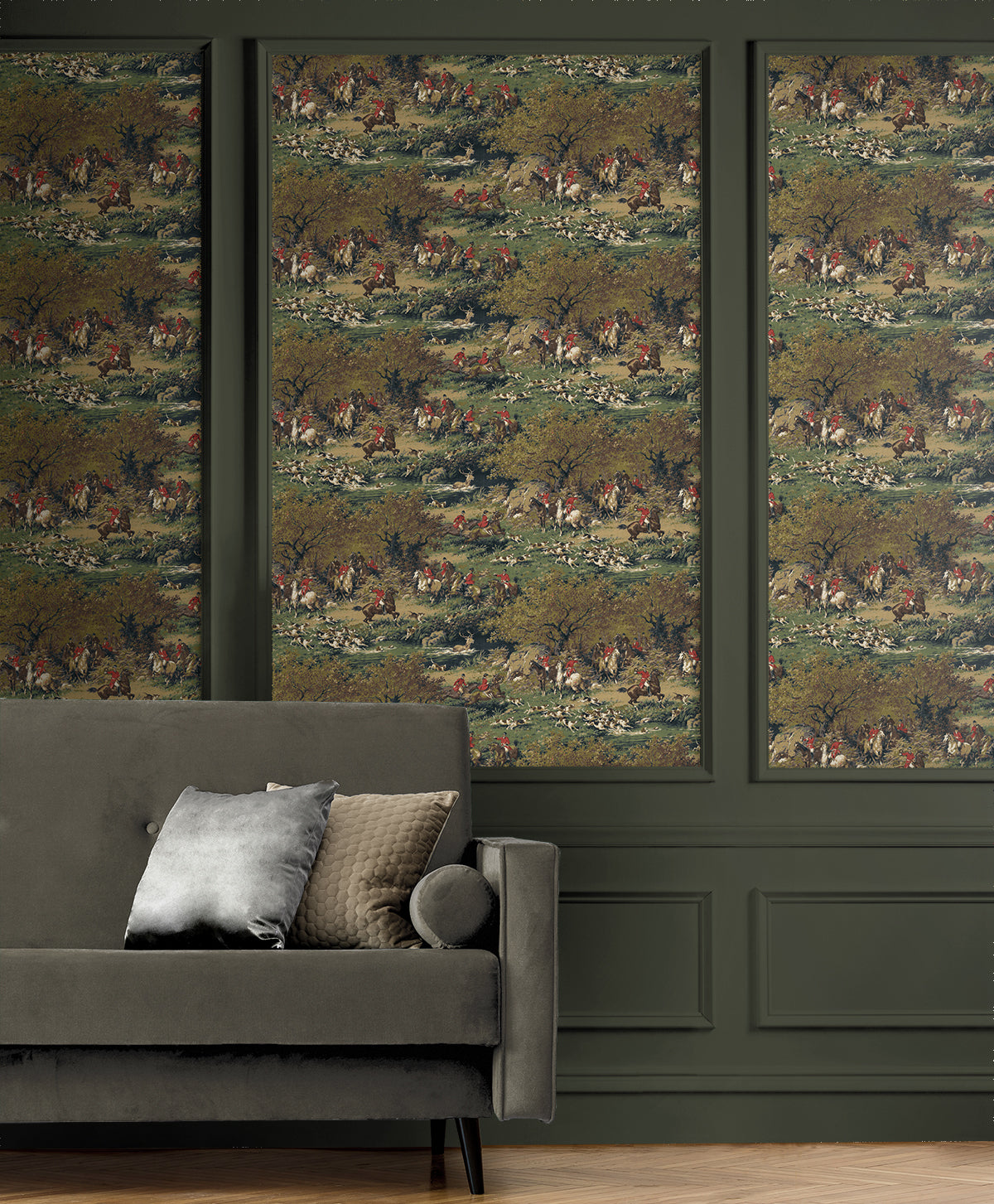 Taunton Hunt Scene Peel and Stick Wallpaper in olive &amp; midnight color - pattern number HG14102 - by NextWall in the Peel and Stick Wallpaper by Harry and Grace 6 collection