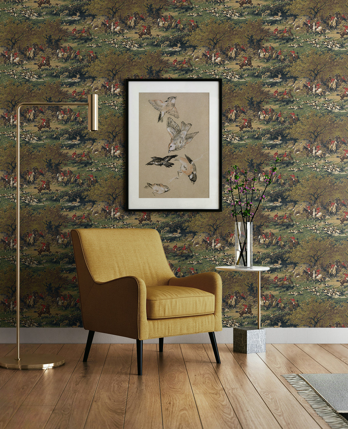 Taunton Hunt Scene Peel and Stick Wallpaper in olive &amp; midnight color - pattern number HG14102 - by NextWall in the Peel and Stick Wallpaper by Harry and Grace 6 collection