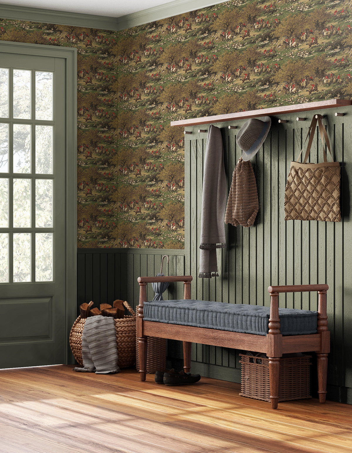 Taunton Hunt Scene Peel and Stick Wallpaper in chestnut &amp; rosemary color - pattern number HG14105 - by NextWall in the Peel and Stick Wallpaper by Harry and Grace 6 collection