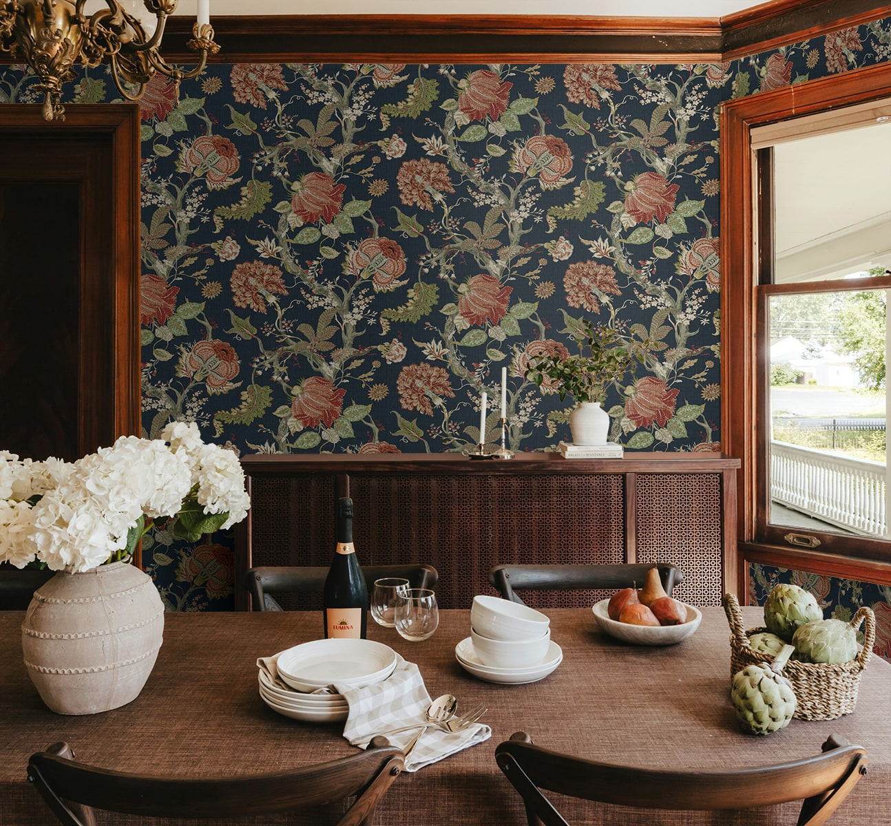 Jacobean Trail Peel and Stick Wallpaper in midnight blue &amp; carmine color - pattern number HG14202 - by NextWall in the Peel and Stick Wallpaper by Harry and Grace 6 collection
