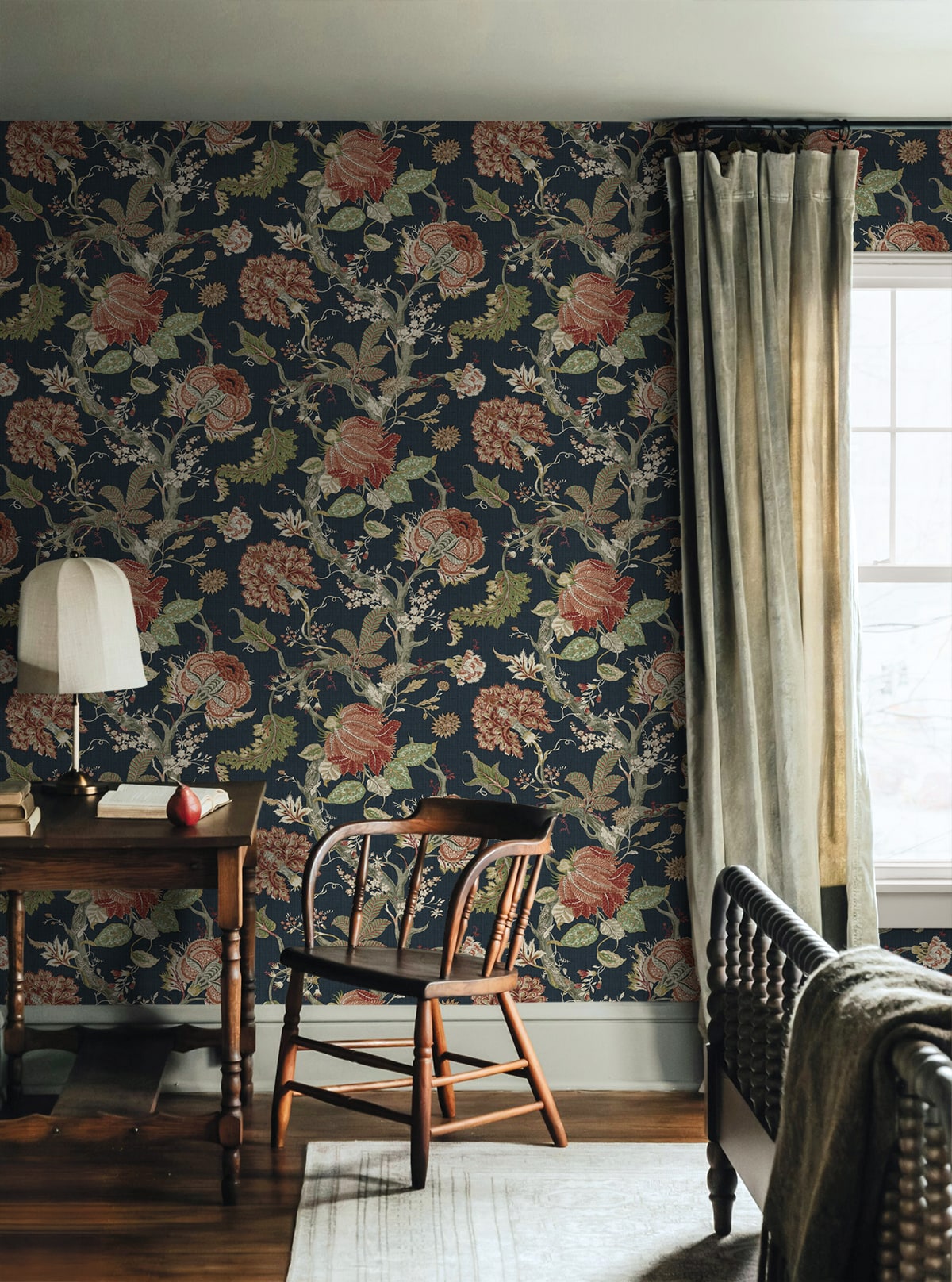 Jacobean Trail Peel and Stick Wallpaper in midnight blue &amp; carmine color - pattern number HG14202 - by NextWall in the Peel and Stick Wallpaper by Harry and Grace 6 collection