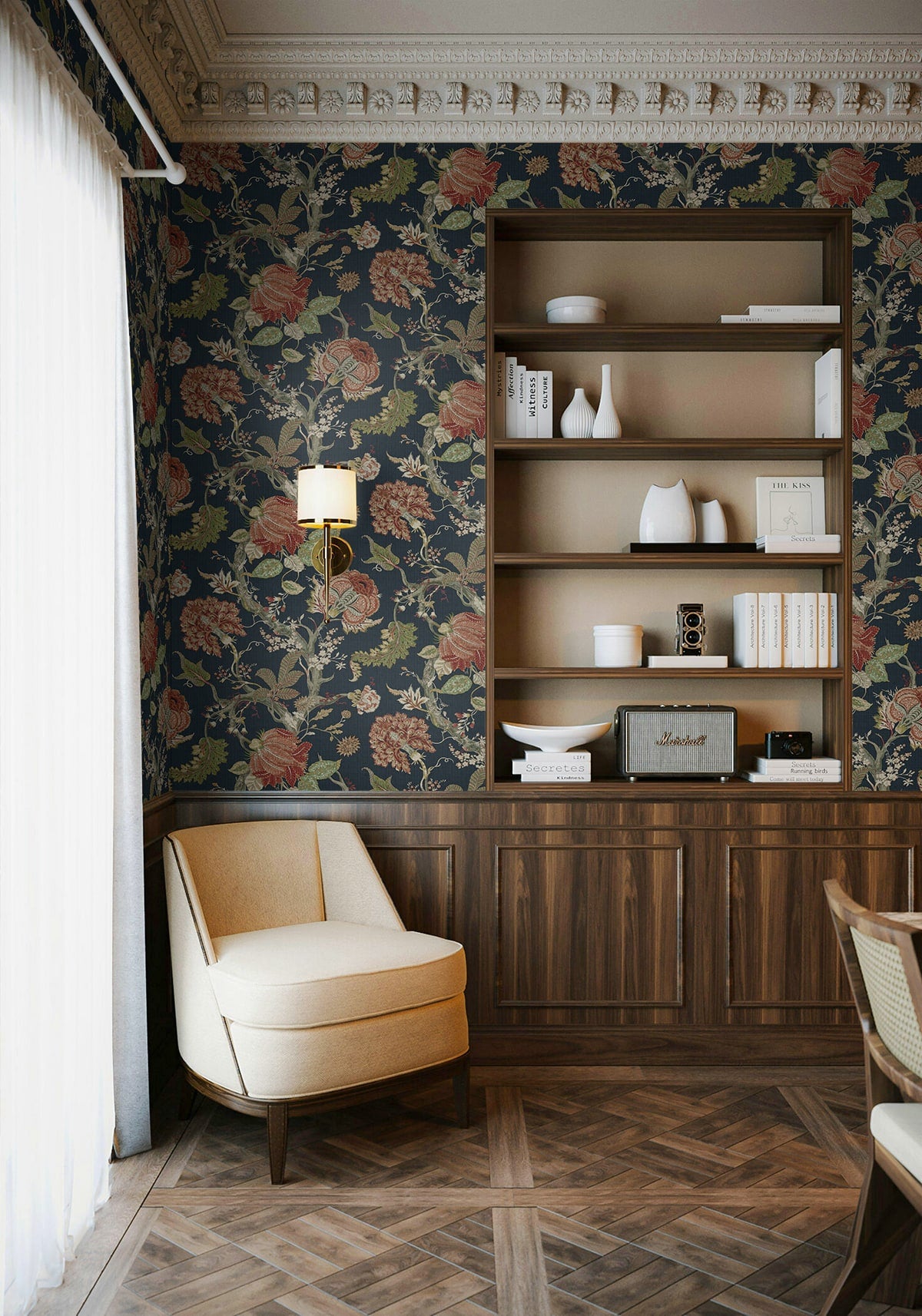 Jacobean Trail Peel and Stick Wallpaper in midnight blue &amp; carmine color - pattern number HG14202 - by NextWall in the Peel and Stick Wallpaper by Harry and Grace 6 collection