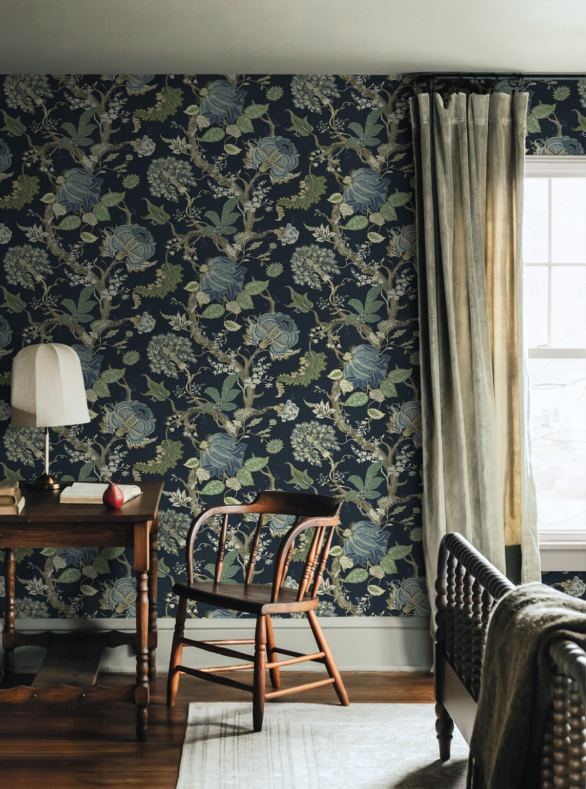 Jacobean Trail Peel and Stick Wallpaper in midnight blue &amp; greenery color - pattern number HG14212 - by NextWall in the Peel and Stick Wallpaper by Harry and Grace 6 collection