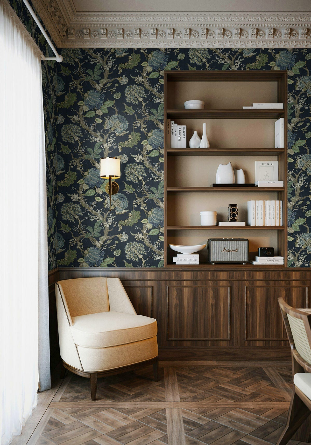 Jacobean Trail Peel and Stick Wallpaper in midnight blue &amp; greenery color - pattern number HG14212 - by NextWall in the Peel and Stick Wallpaper by Harry and Grace 6 collection