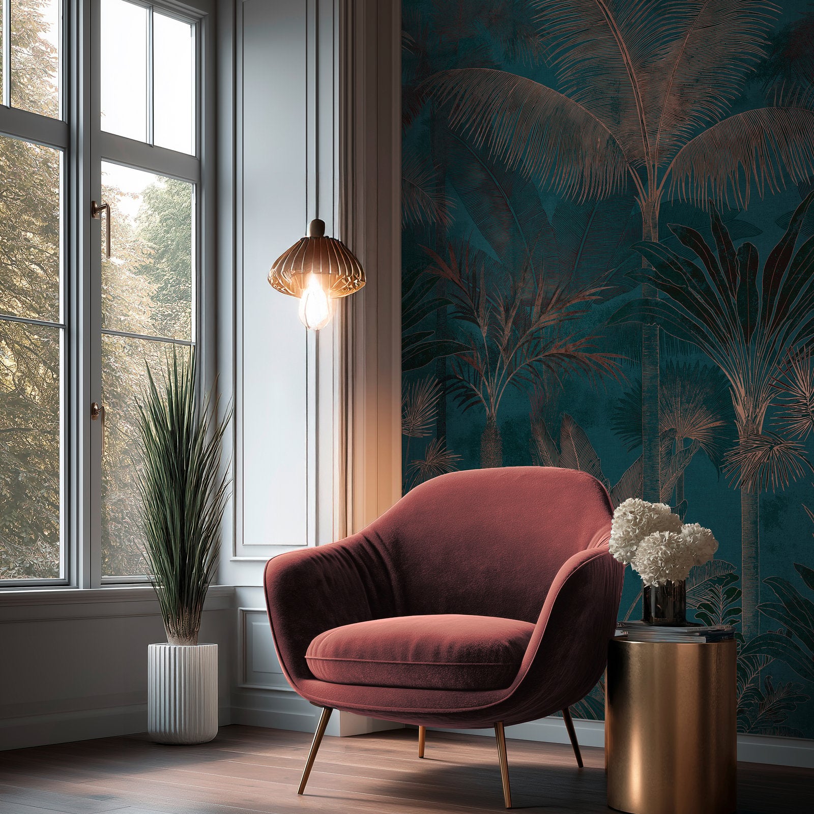 Tree Leaf 3 Panel Mural in Blue color - pattern number HV41111M - by Galerie in the Havana 2 collection