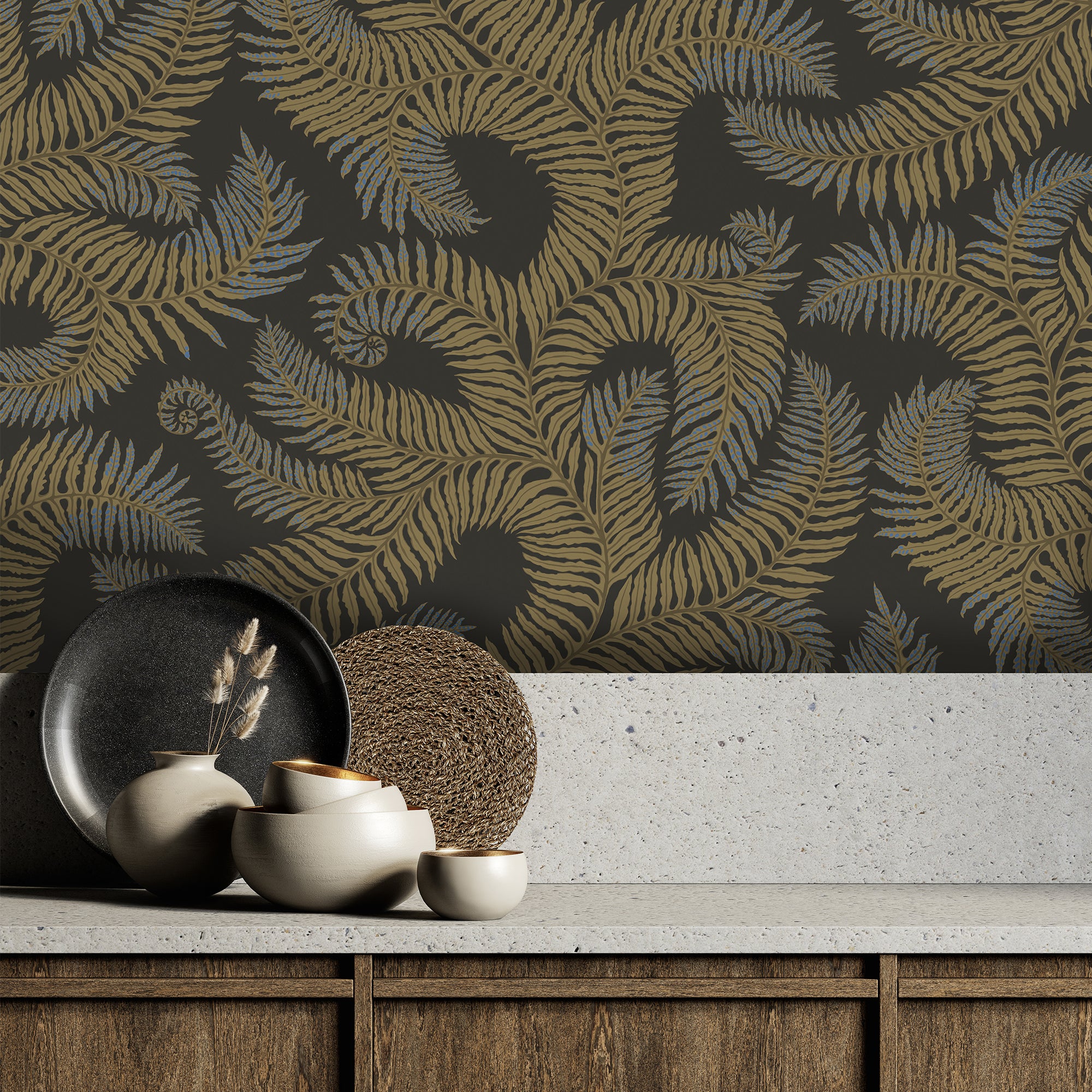 Bombes Fernery Wallpaper in olive &amp; dark grey color - pattern number JMW1001.21.0 - by Kravet in the Josephine Munsey Portfolio I collection