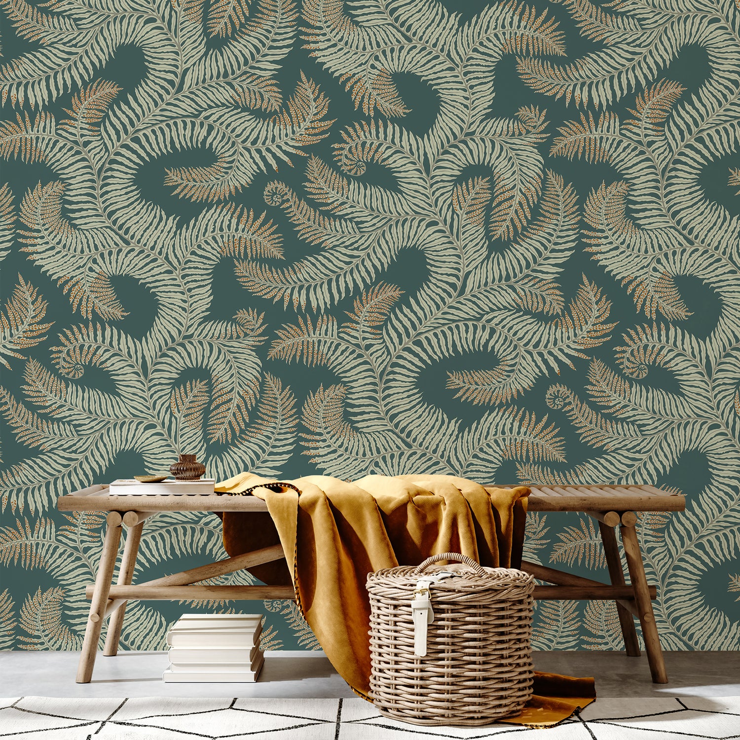 Bombes Fernery Wallpaper in teal &amp; orange highlights color - pattern number JMW1001.31.0 - by Kravet in the Josephine Munsey Portfolio I collection