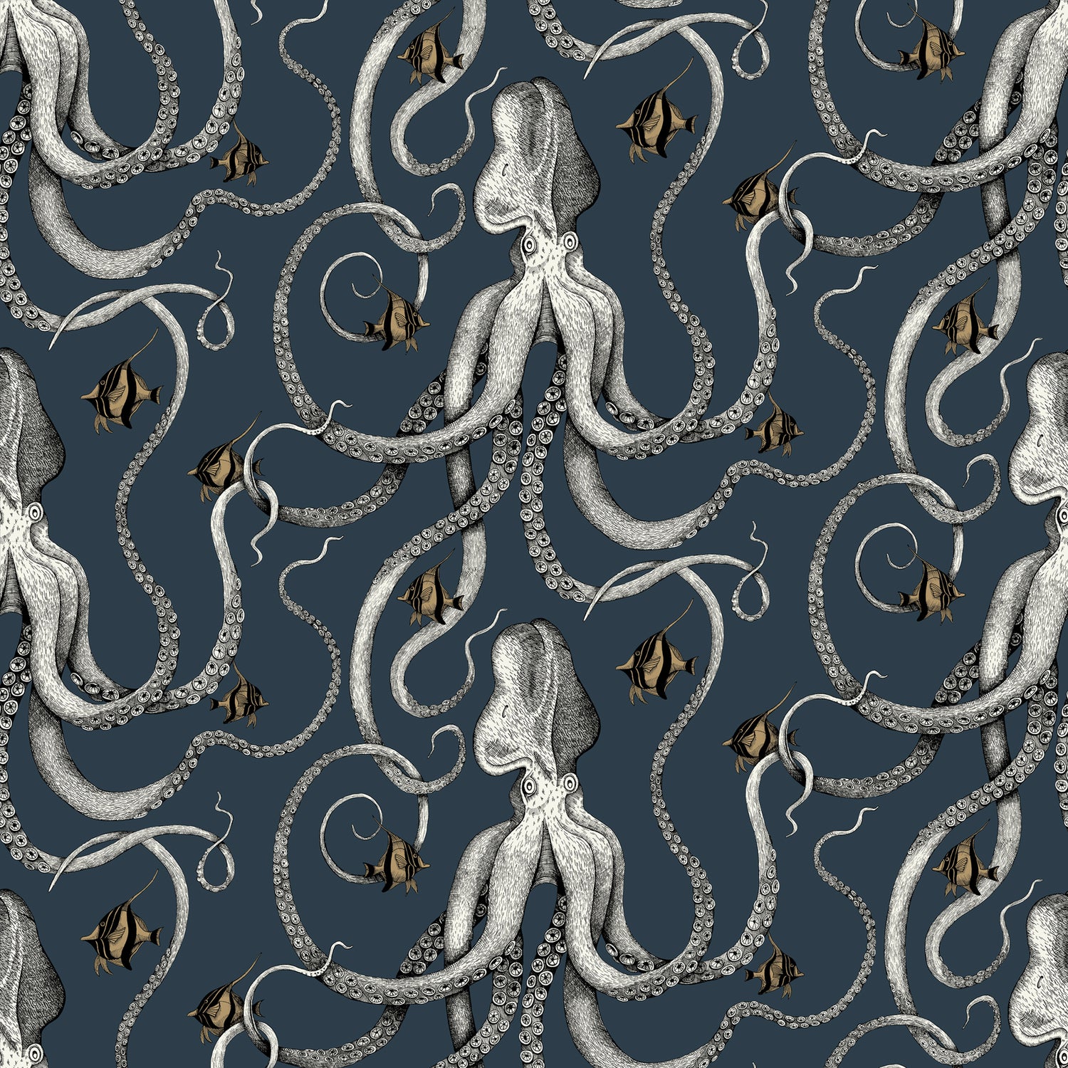 Octopoda Wallpaper in deep sea blue color - pattern number JMW1002.01.0 - by Kravet in the Josephine Munsey Portfolio I collection