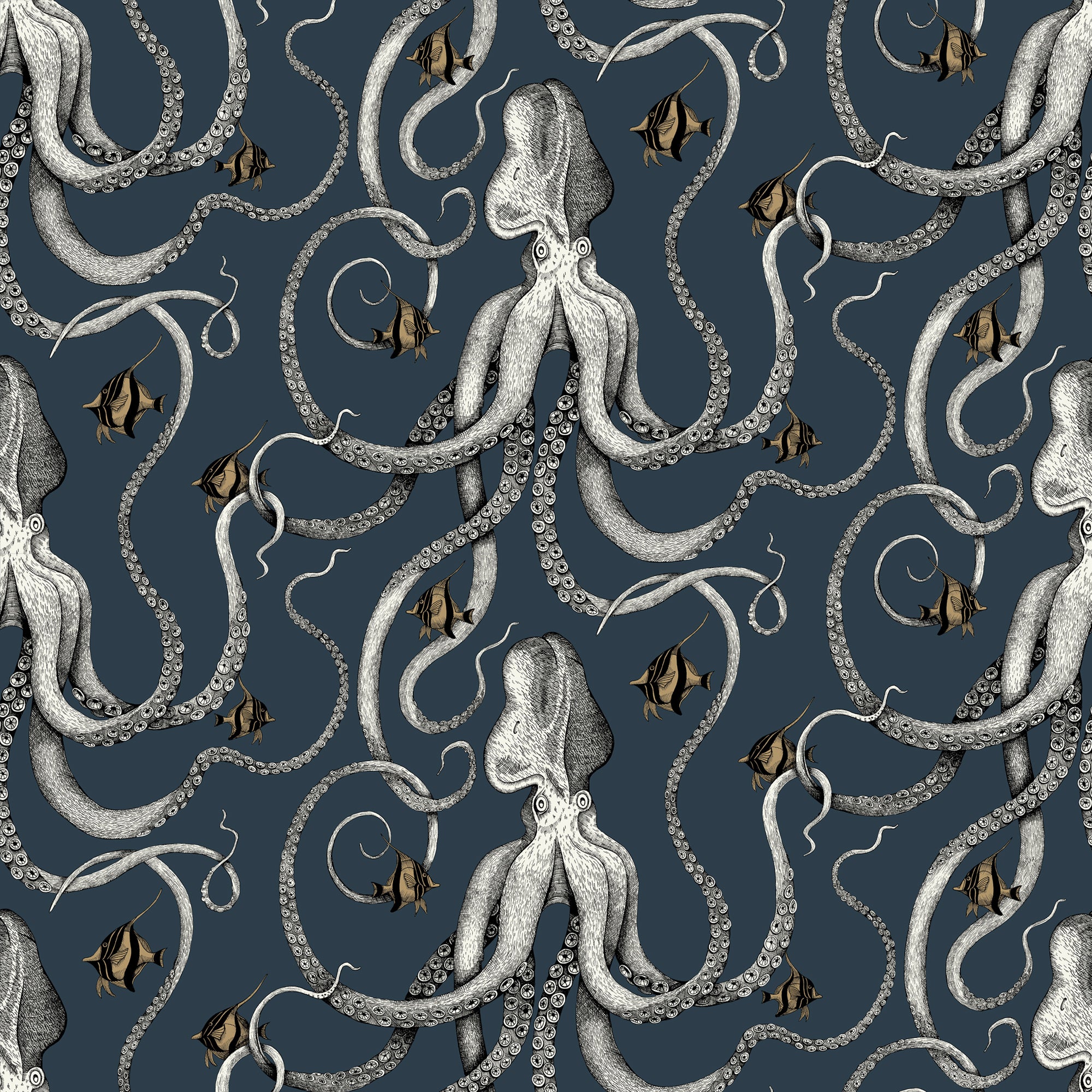 Octopoda Wallpaper in deep sea blue color - pattern number JMW1002.01.0 - by Kravet in the Josephine Munsey Portfolio I collection