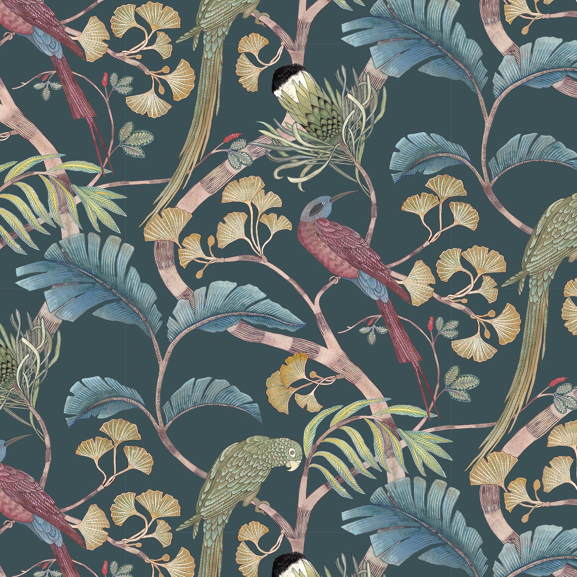 Living Branches Wallpaper in dark teal, yellow &amp; olive color - pattern number JMW1006.02.0 - by Kravet in the Josephine Munsey Portfolio I collection