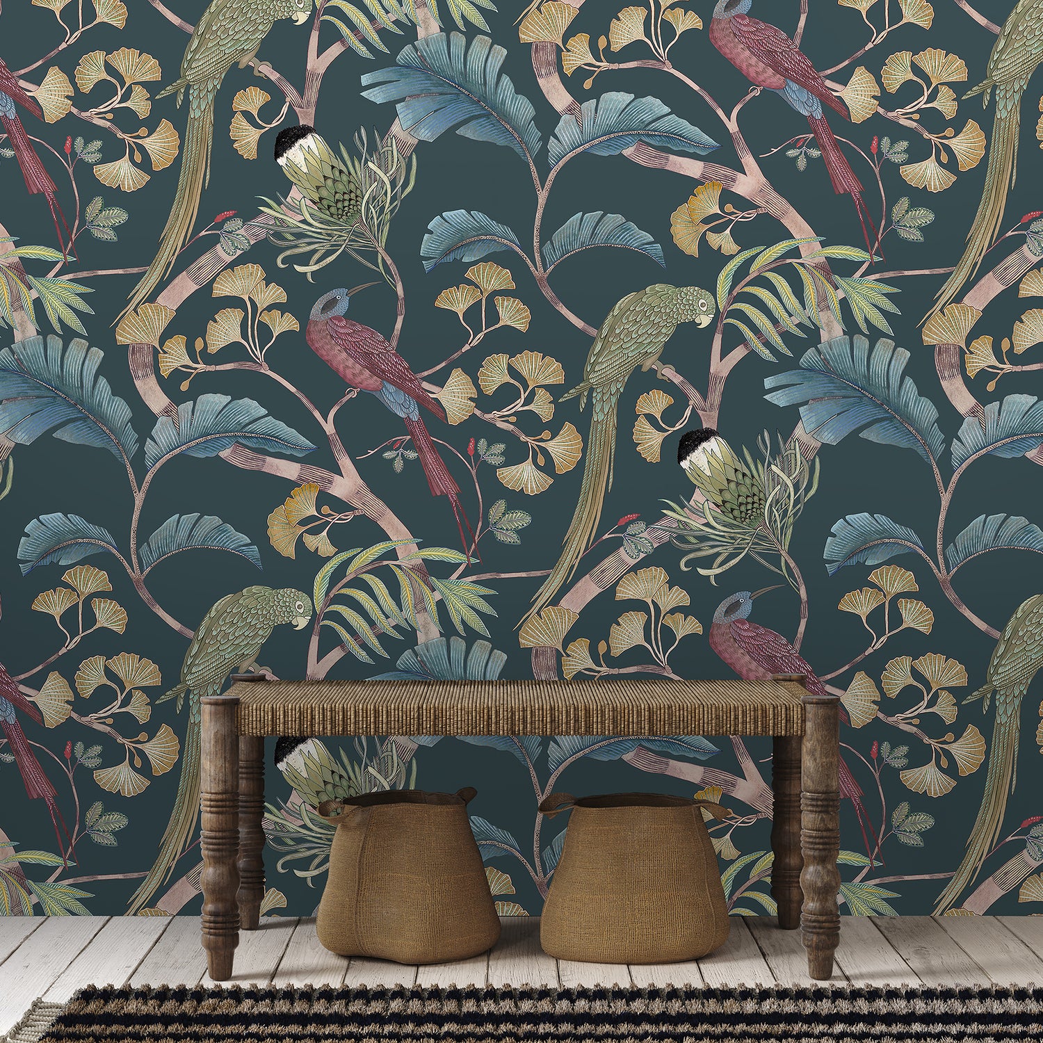 Living Branches Wallpaper in dark teal, yellow &amp; olive color - pattern number JMW1006.02.0 - by Kravet in the Josephine Munsey Portfolio I collection