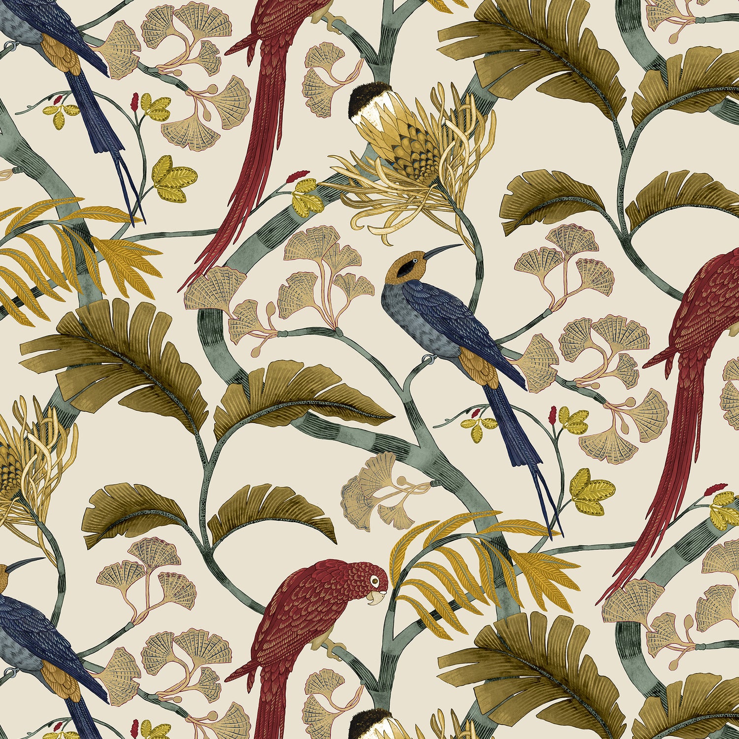 Living Branches Wallpaper in red turquoise and ecru color - pattern number JMW1006.21.0 - by Kravet in the Josephine Munsey Maitland collection