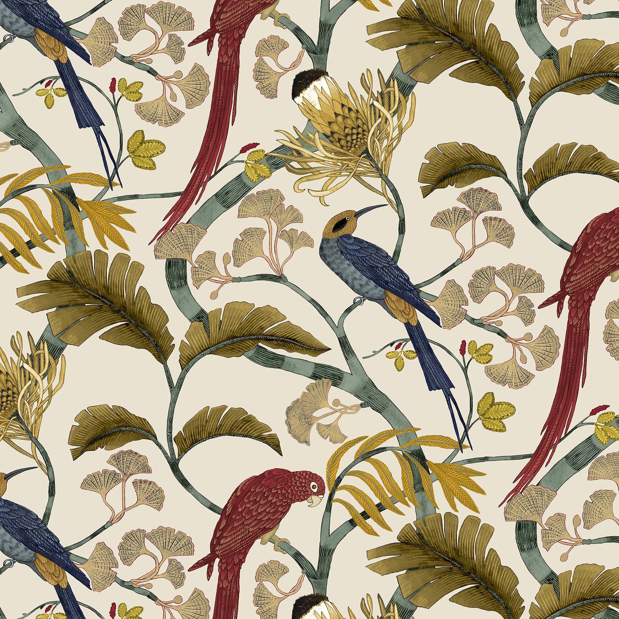 Living Branches Wallpaper in red turquoise and ecru color - pattern number JMW1006.21.0 - by Kravet in the Josephine Munsey Maitland collection