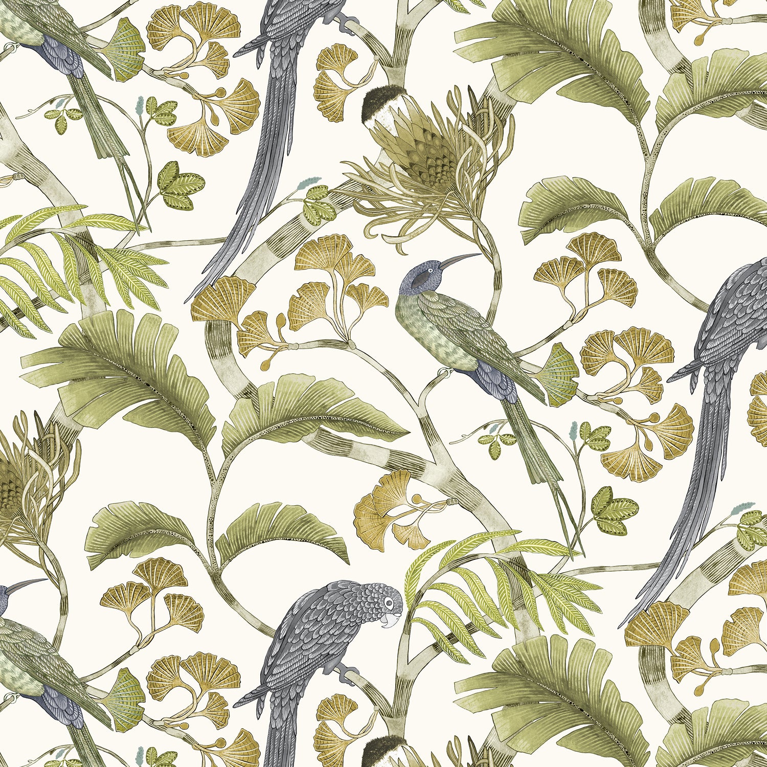 Living Branches Wallpaper in hilles white and green color - pattern number JMW1006.31.0 - by Kravet in the Josephine Munsey Maitland collection