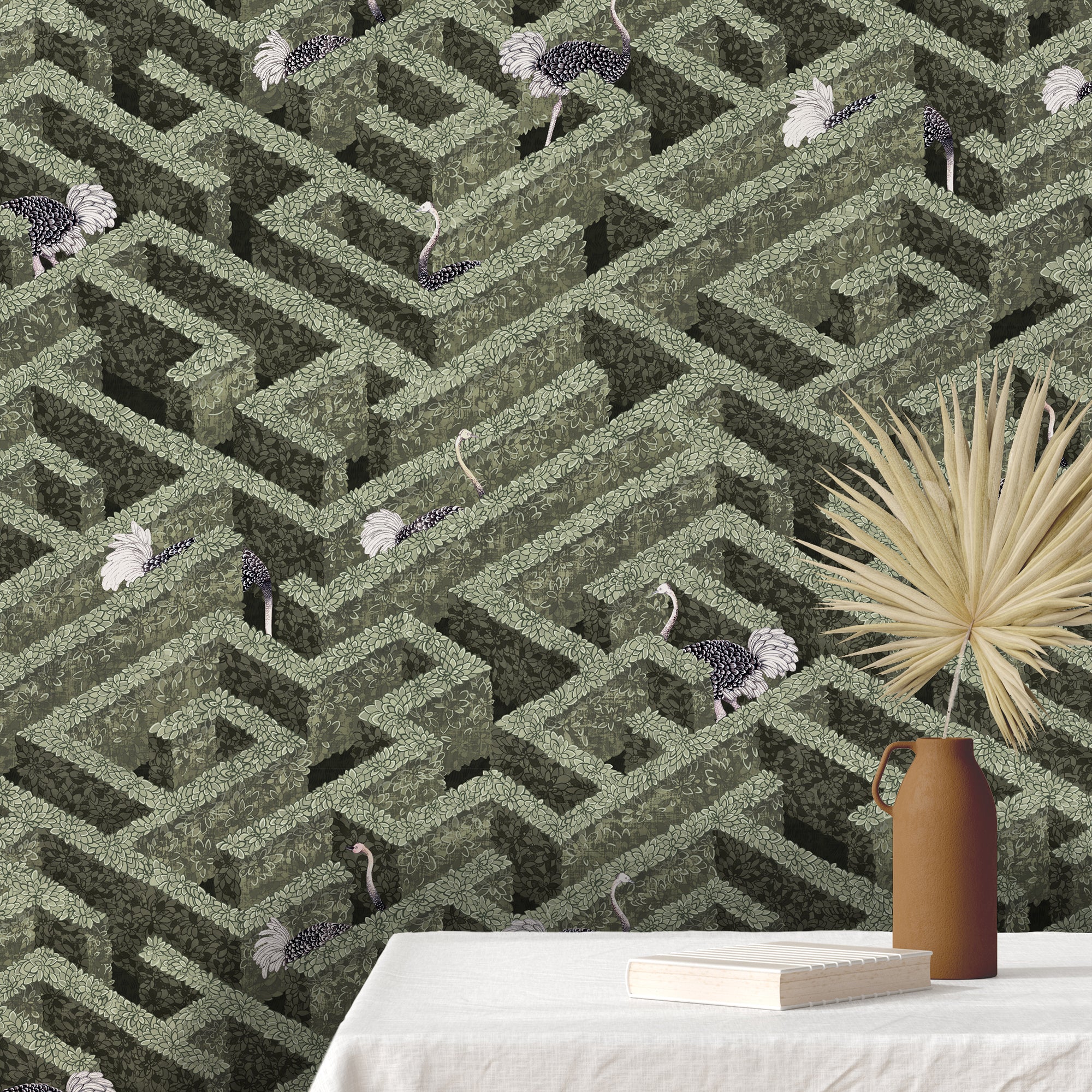 Labyrinth With Ostriches Wallpaper in eucalyptus color - pattern number JMW1010.01.0 - by Kravet in the Josephine Munsey Portfolio I collection