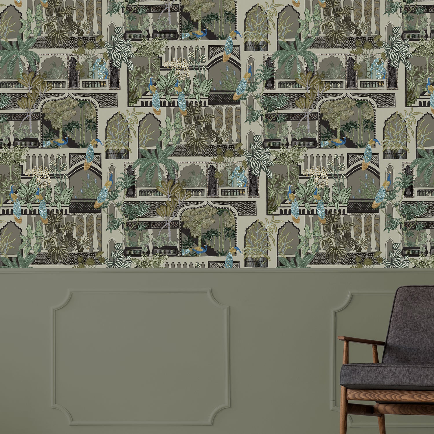 Peacock Arches Wallpaper in mushroom grey color - pattern number JMW1011.11.0 - by Kravet in the Josephine Munsey Portfolio I collection