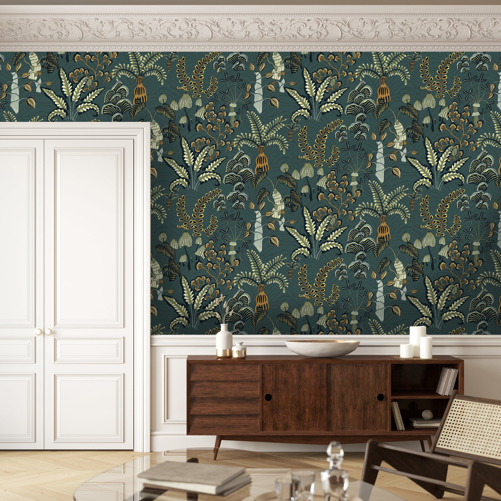 Woodland Floor Wallpaper in petrol &amp; sage color - pattern number JMW1012.21.0 - by Kravet in the Josephine Munsey Portfolio I collection