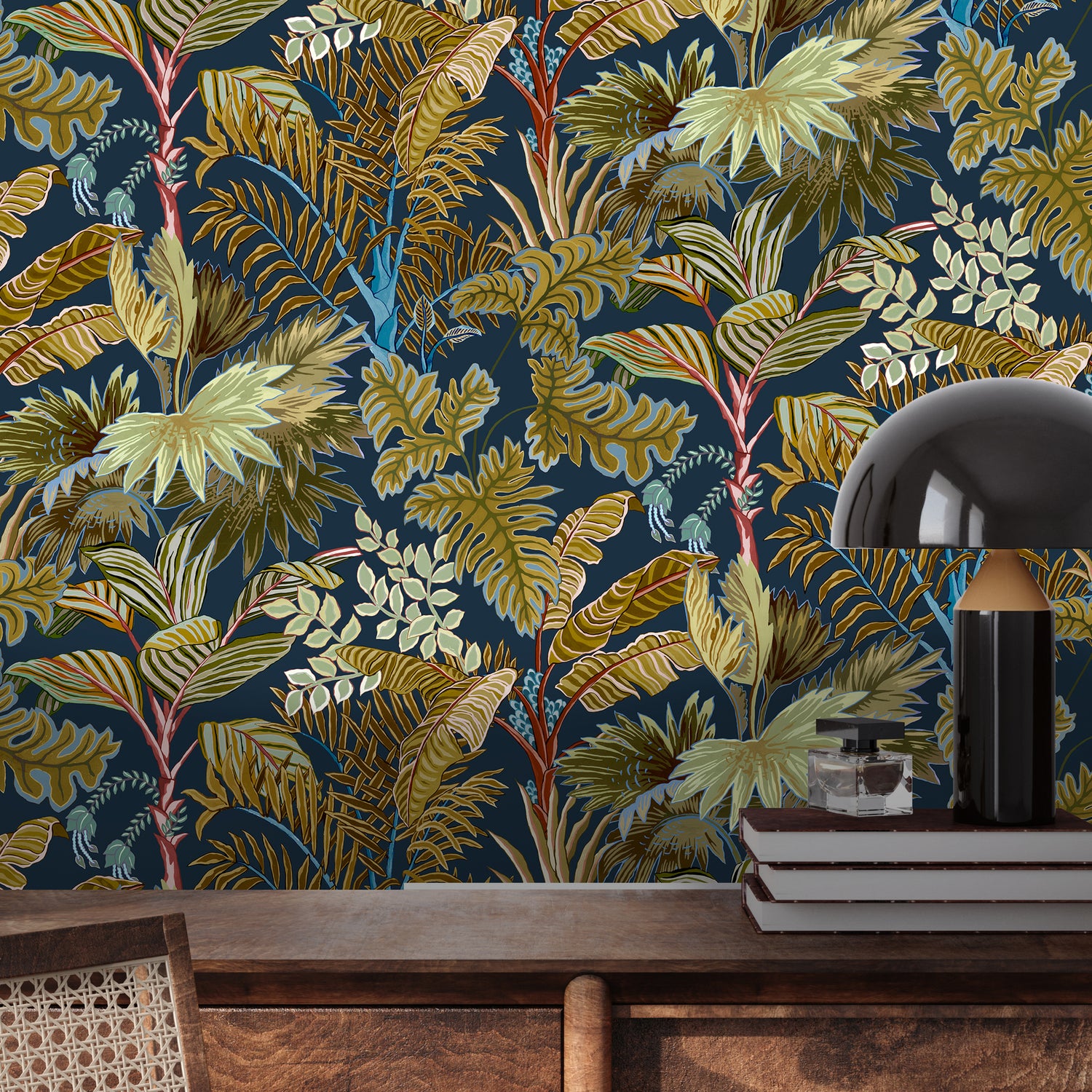 Palm Grove Wallpaper in navy &amp; olive color - pattern number JMW1013.31.0 - by Kravet in the Josephine Munsey Portfolio I collection