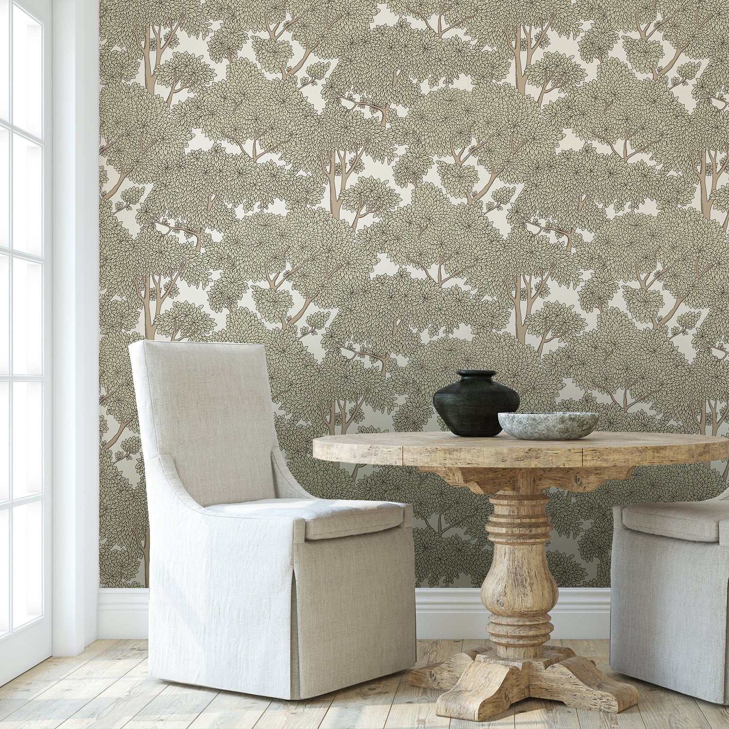 Stockend Woods Wallpaper in cotswold white and maitland green color - pattern number JMW1014.21.0 - by Kravet in the Josephine Munsey Maitland collection