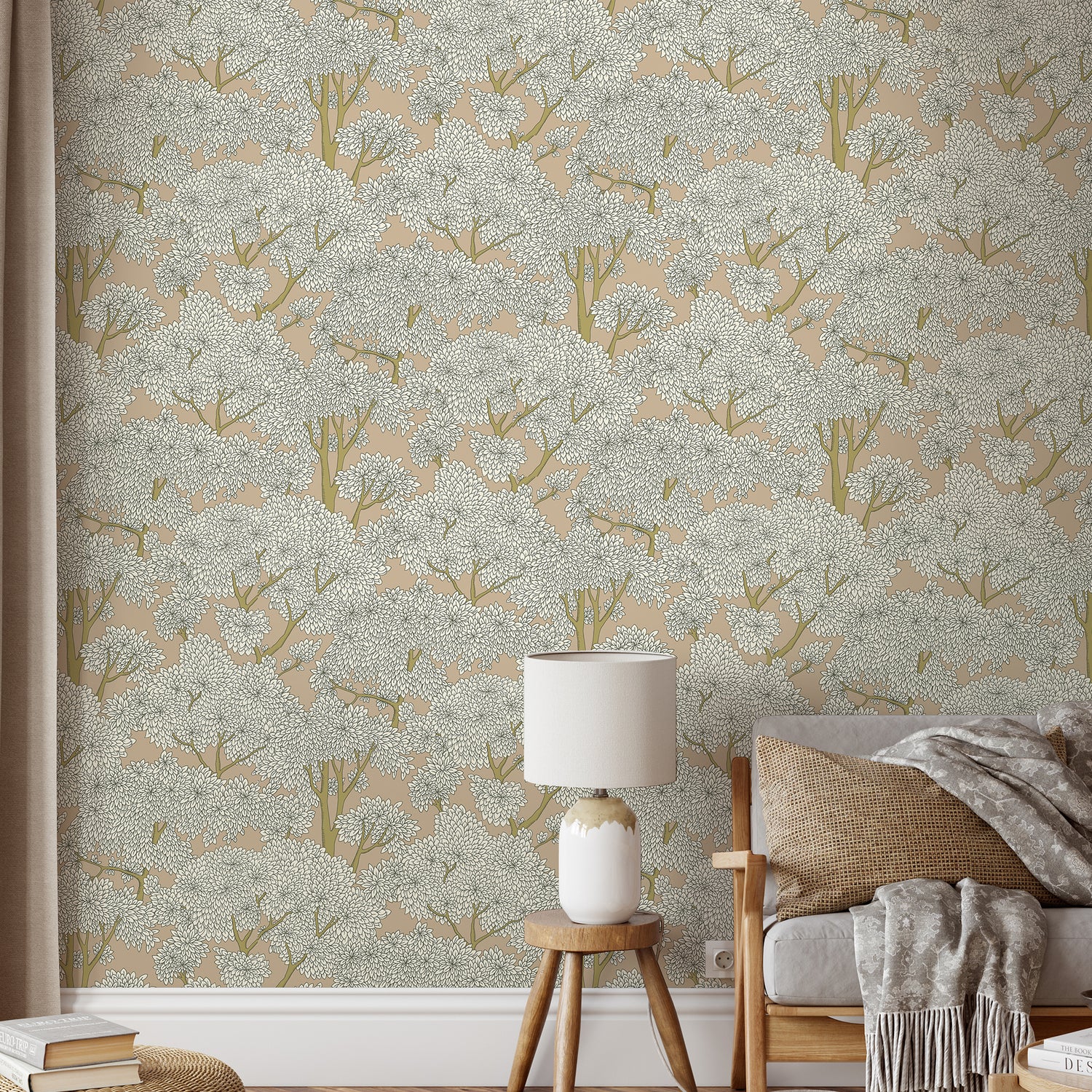 Stockend Woods Wallpaper in stepping stone and cotswold white color - pattern number JMW1014.31.0 - by Kravet in the Josephine Munsey Maitland collection