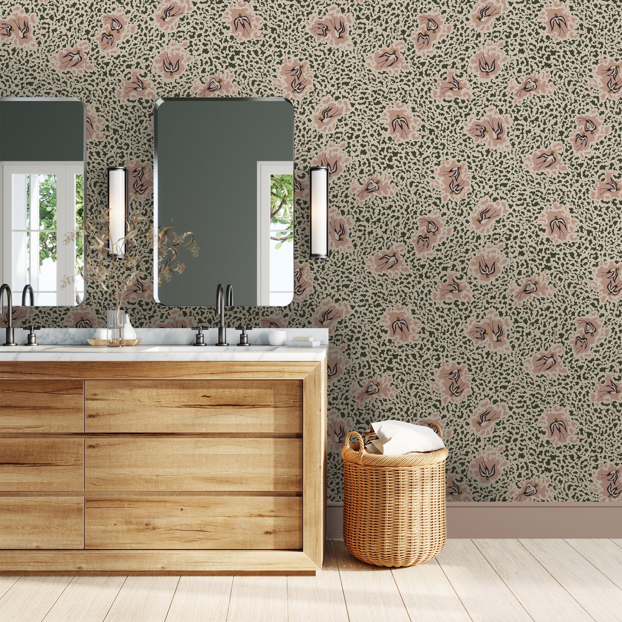 Beas Swallows Wallpaper in chaingate green &amp; ham pink color - pattern number JMW1020.11.0 - by Kravet in the Josephine Munsey Portfolio II collection