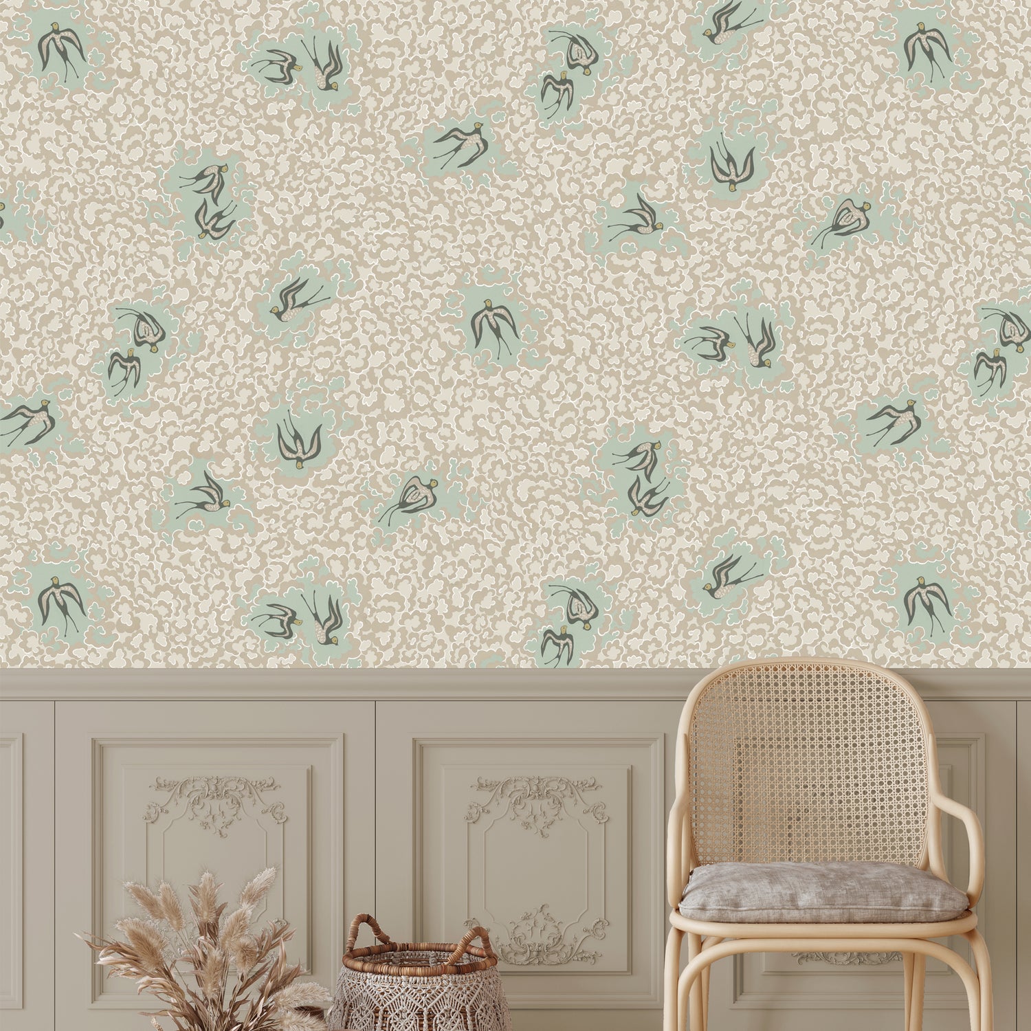 Beas Swallows Wallpaper in cliffwell stone &amp; radmoor blue color - pattern number JMW1020.21.0 - by Kravet in the Josephine Munsey Portfolio II collection