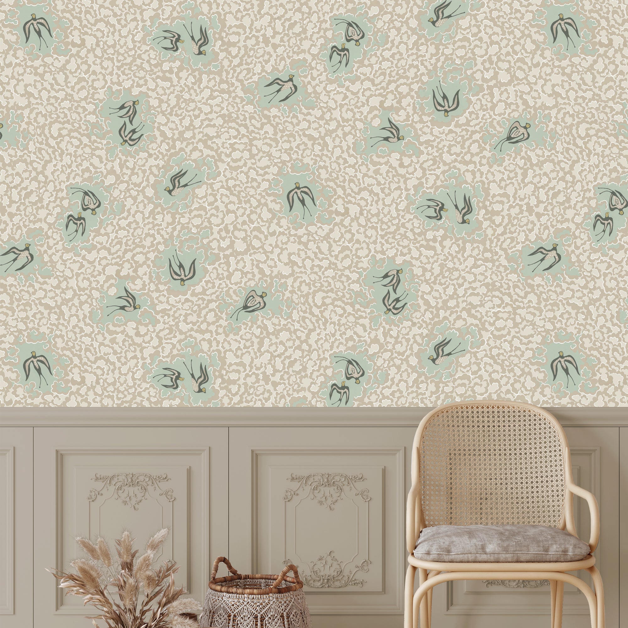 Beas Swallows Wallpaper in cliffwell stone &amp; radmoor blue color - pattern number JMW1020.21.0 - by Kravet in the Josephine Munsey Portfolio II collection