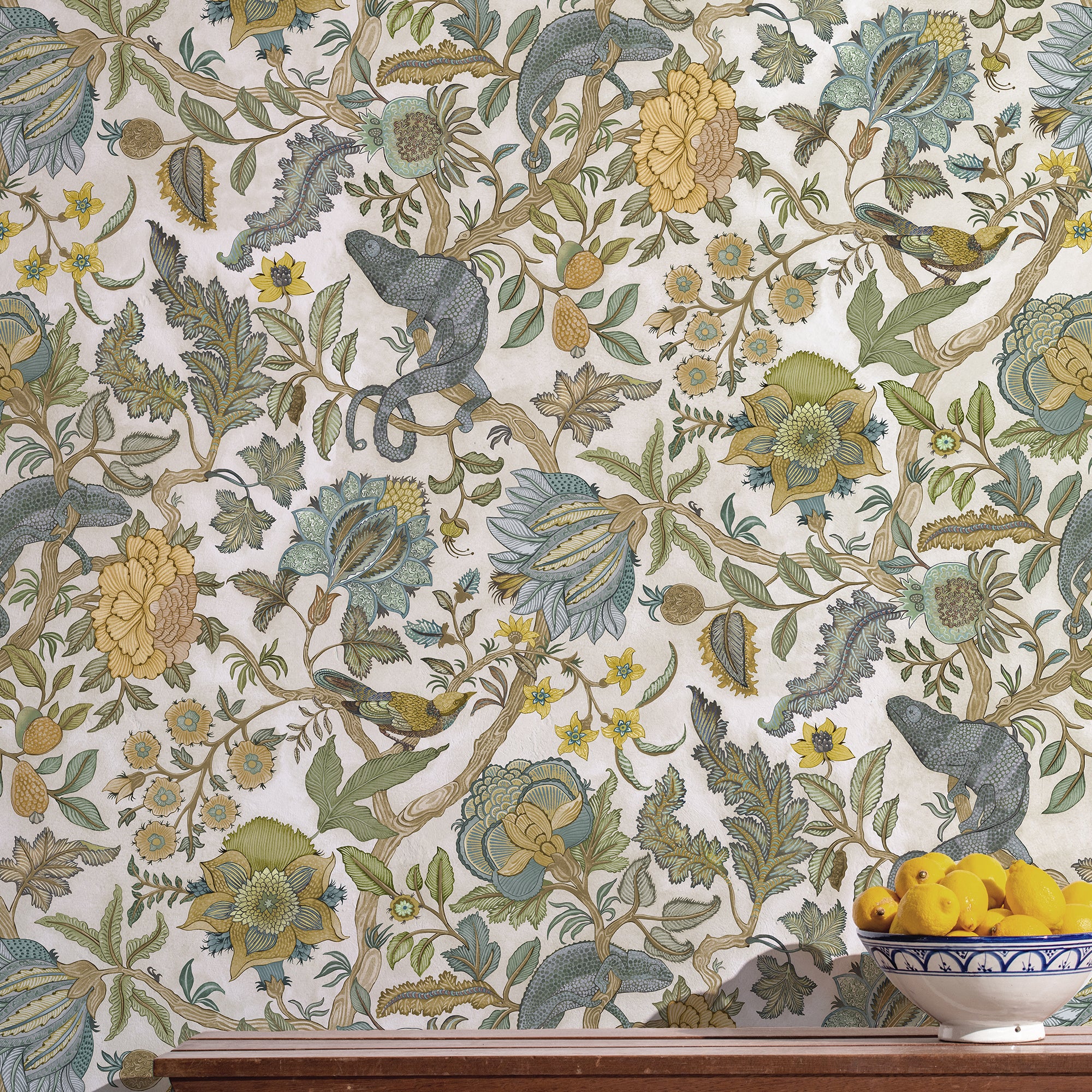 Chameleon Trail Wallpaper in lemon and light blue color - pattern number JMW1022.01.0 - by Kravet in the Josephine Munsey Portfolio II collection