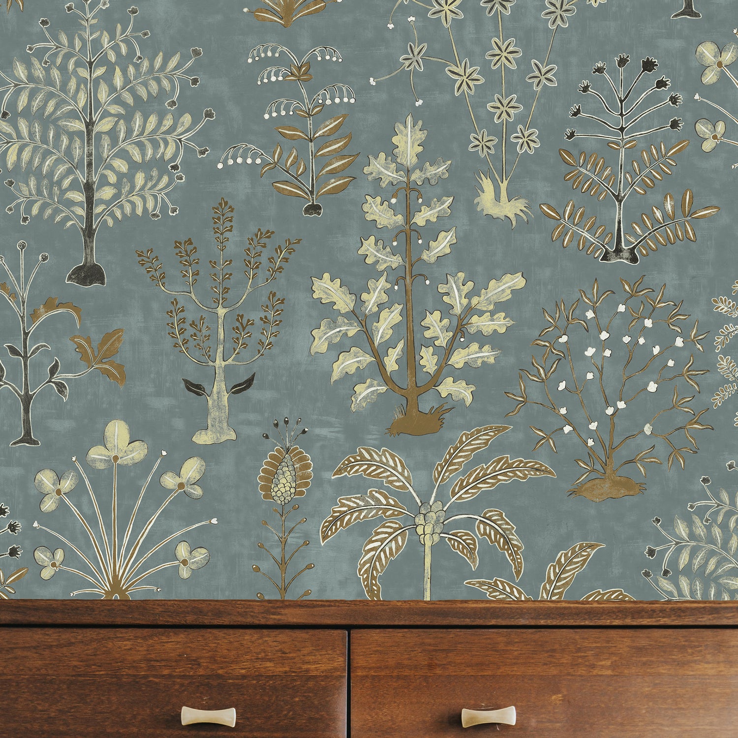 Cynthia Wallpaper in mid blue and olive color - pattern number JMW1023.21.0 - by Kravet in the Josephine Munsey Portfolio II collection