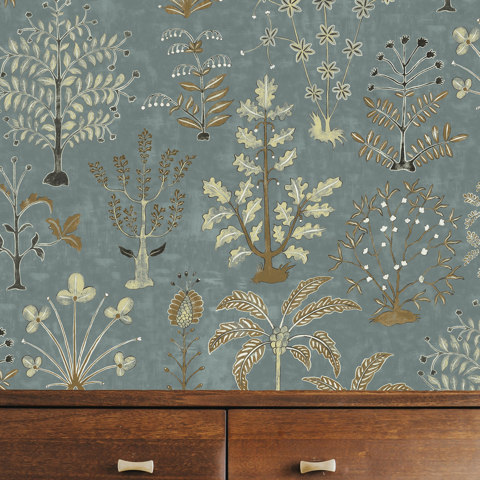 Cynthia Wallpaper in mid blue and olive color - pattern number JMW1023.21.0 - by Kravet in the Josephine Munsey Portfolio II collection