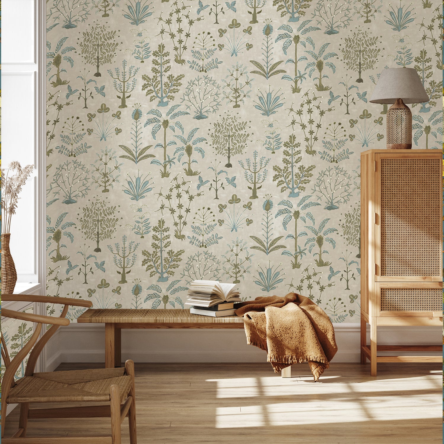 Cynthia Wallpaper in stone, light blue and olive color - pattern number JMW1023.41.0 - by Kravet in the Josephine Munsey Portfolio II collection