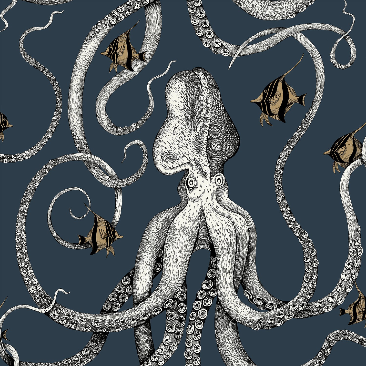 Octopoda Grand Wallpaper in deep sea blue color - pattern number JMW1030.01.0 - by Kravet in the Josephine Munsey Maitland collection