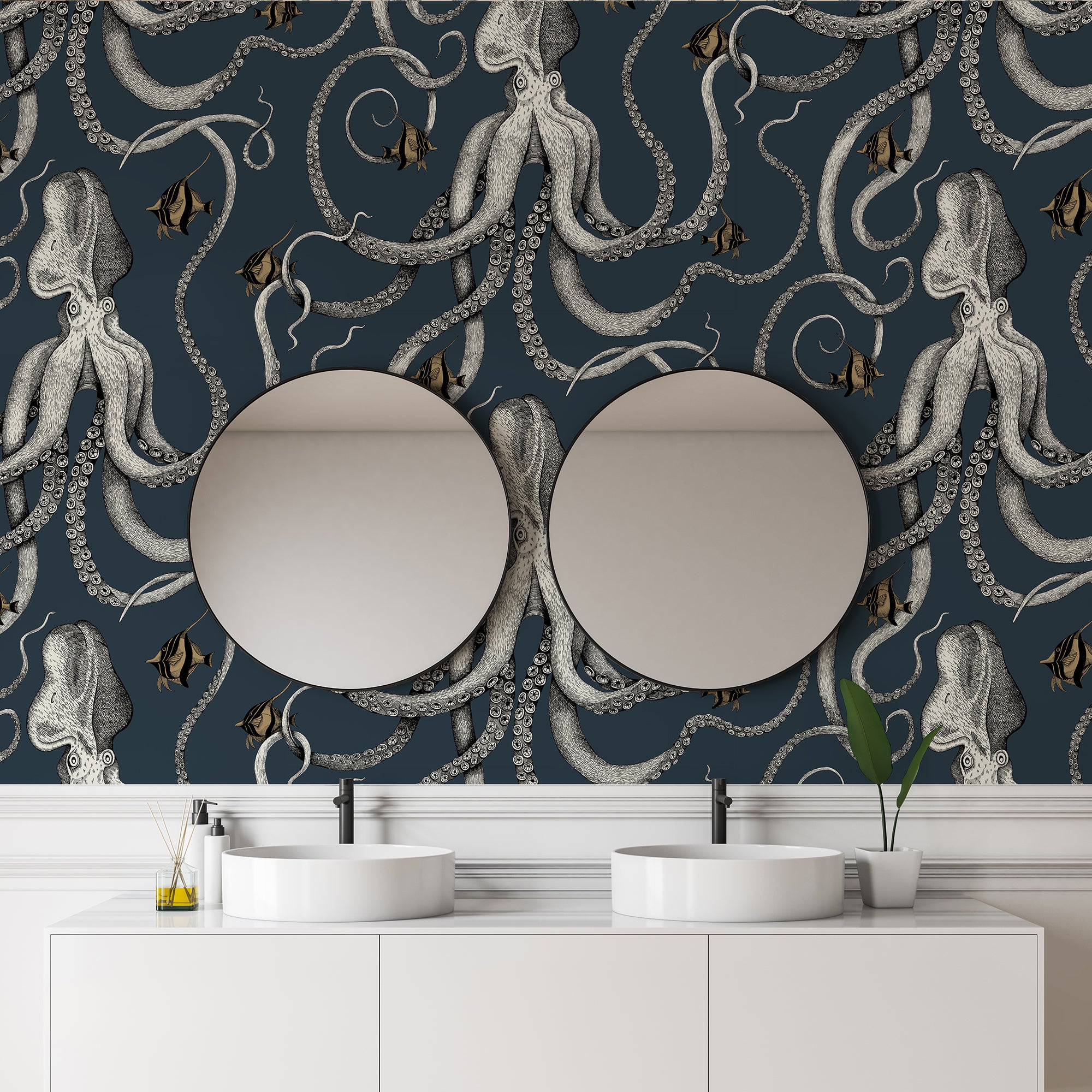 Octopoda Grand Wallpaper in deep sea blue color - pattern number JMW1030.01.0 - by Kravet in the Josephine Munsey Maitland collection