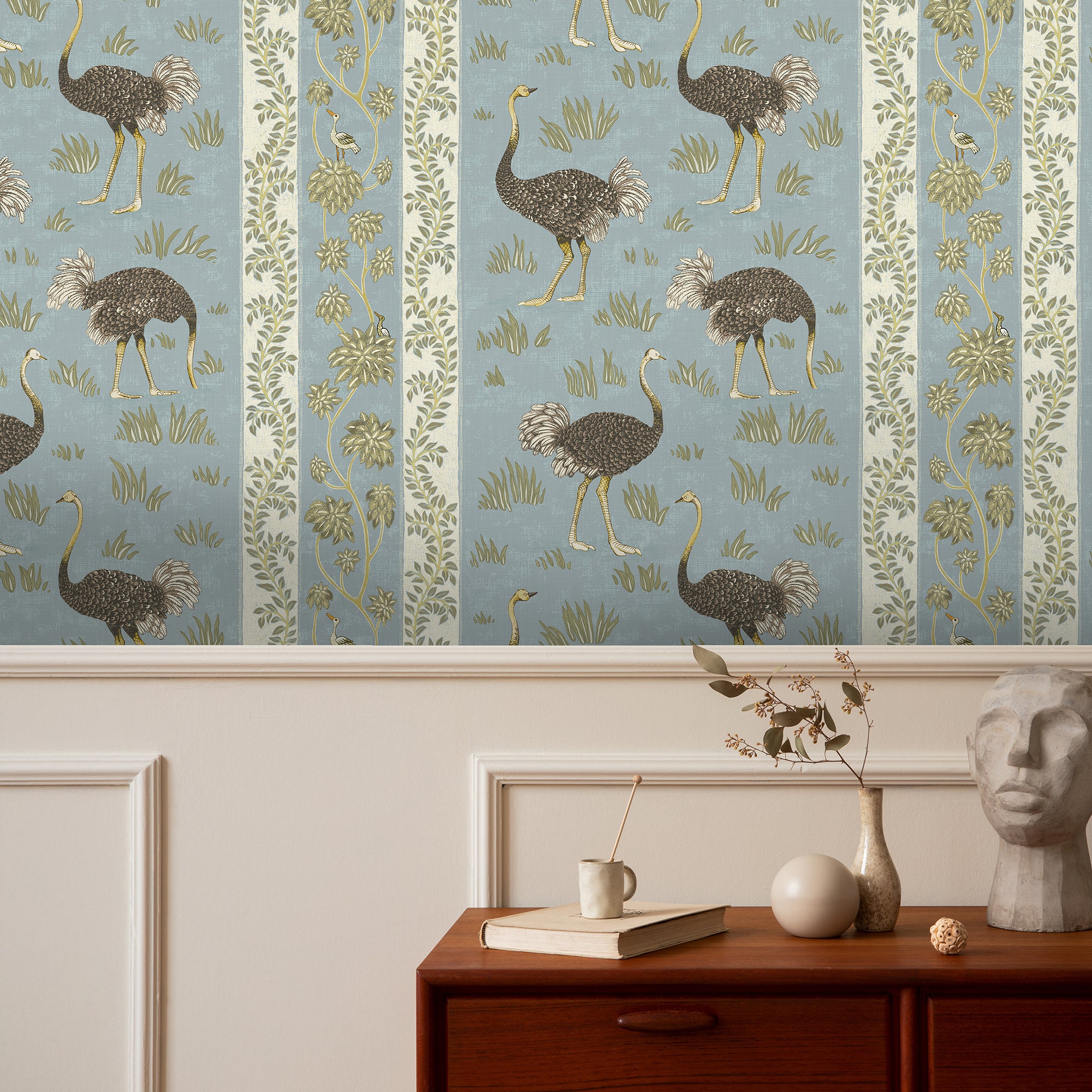 Ostrich Stripe Wallpaper in mid blue and white color - pattern number JMW1032.01.0 - by Kravet in the Josephine Munsey Maitland collection