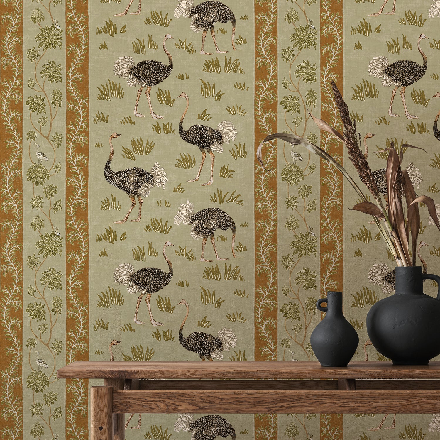 Ostrich Stripe Wallpaper in olive and orange color - pattern number JMW1032.31.0 - by Kravet in the Josephine Munsey Maitland collection