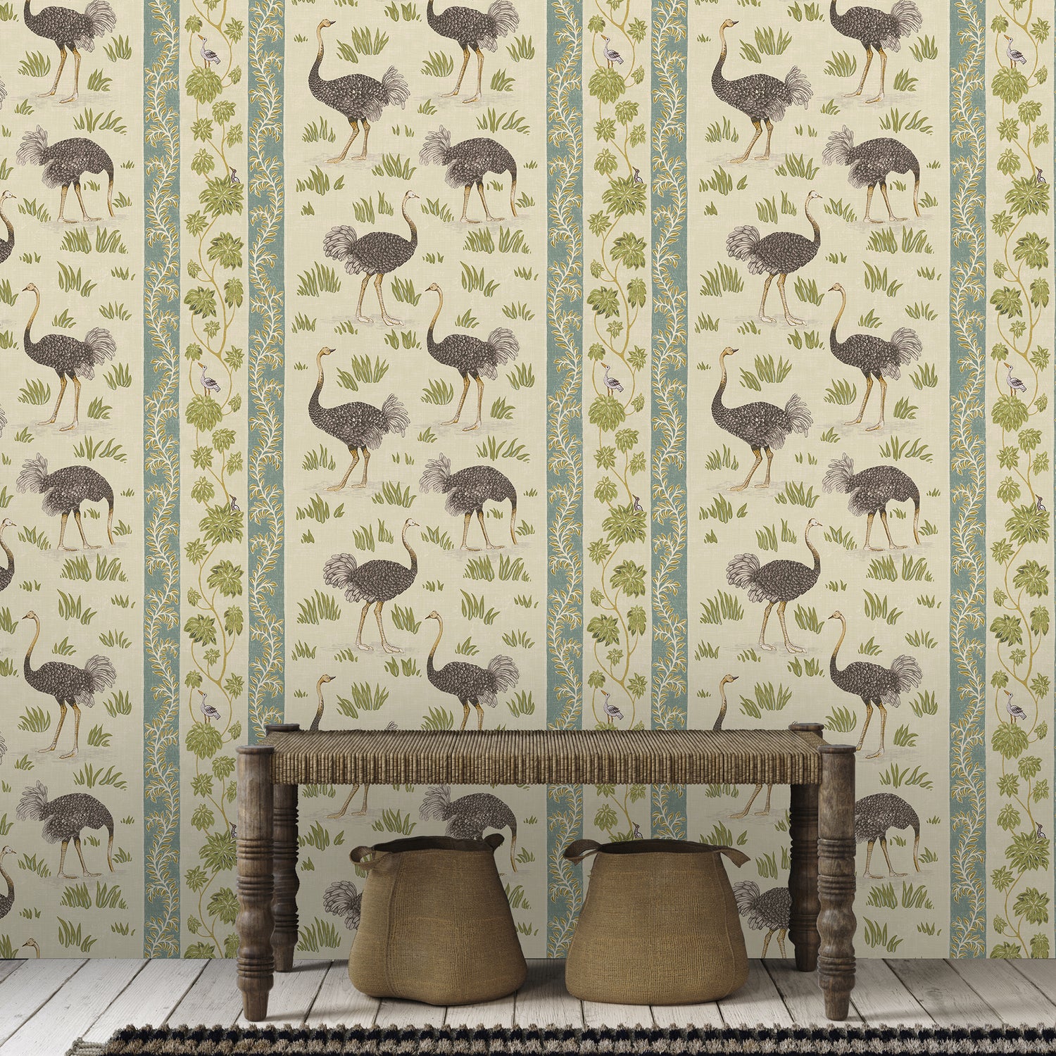 Ostrich Stripe Wallpaper in cream and green color - pattern number JMW1032.41.0 - by Kravet in the Josephine Munsey Maitland collection