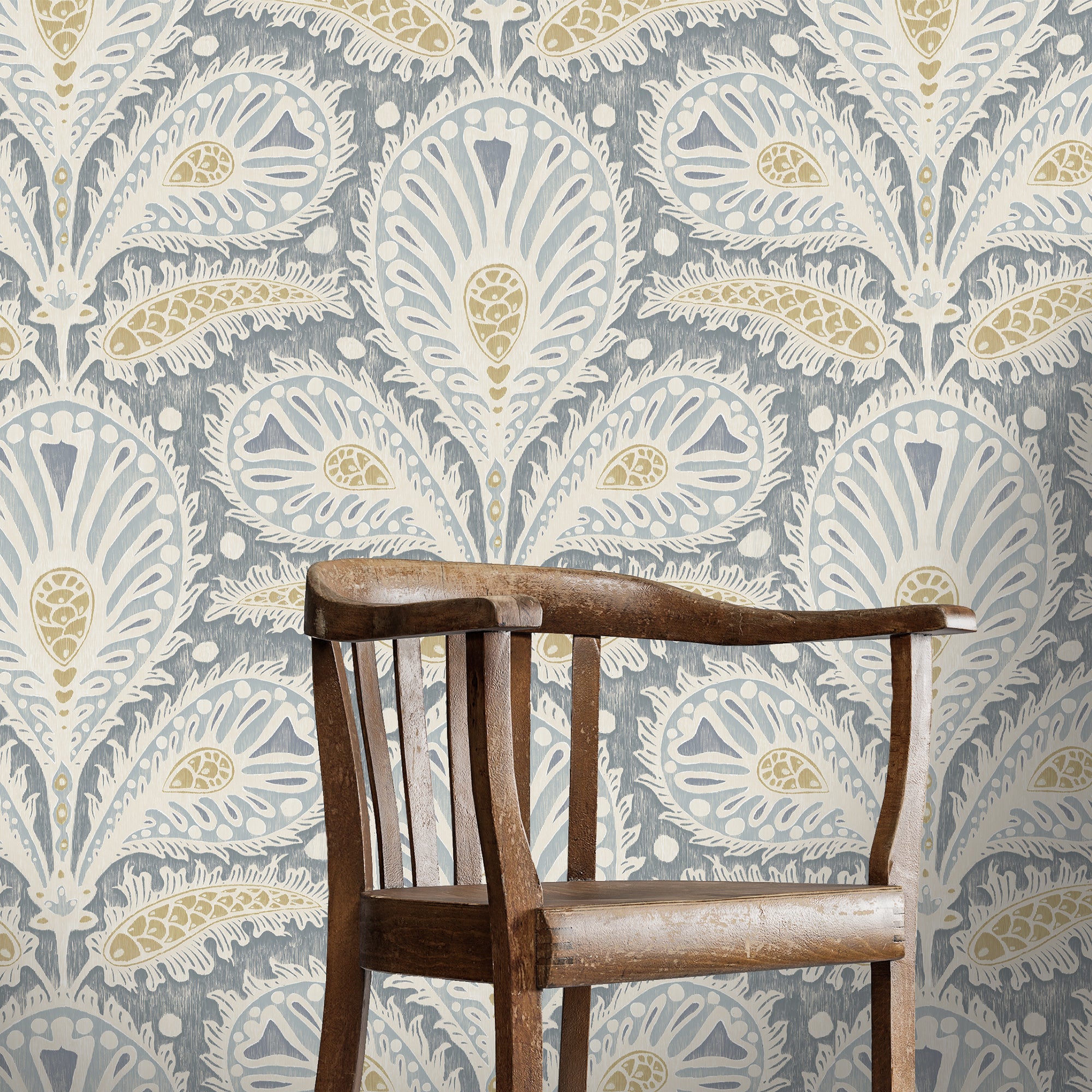 Ikat Clover Wallpaper in blue and yellow color - pattern number JMW1034.41.0 - by Kravet in the Josephine Munsey Juniper collection