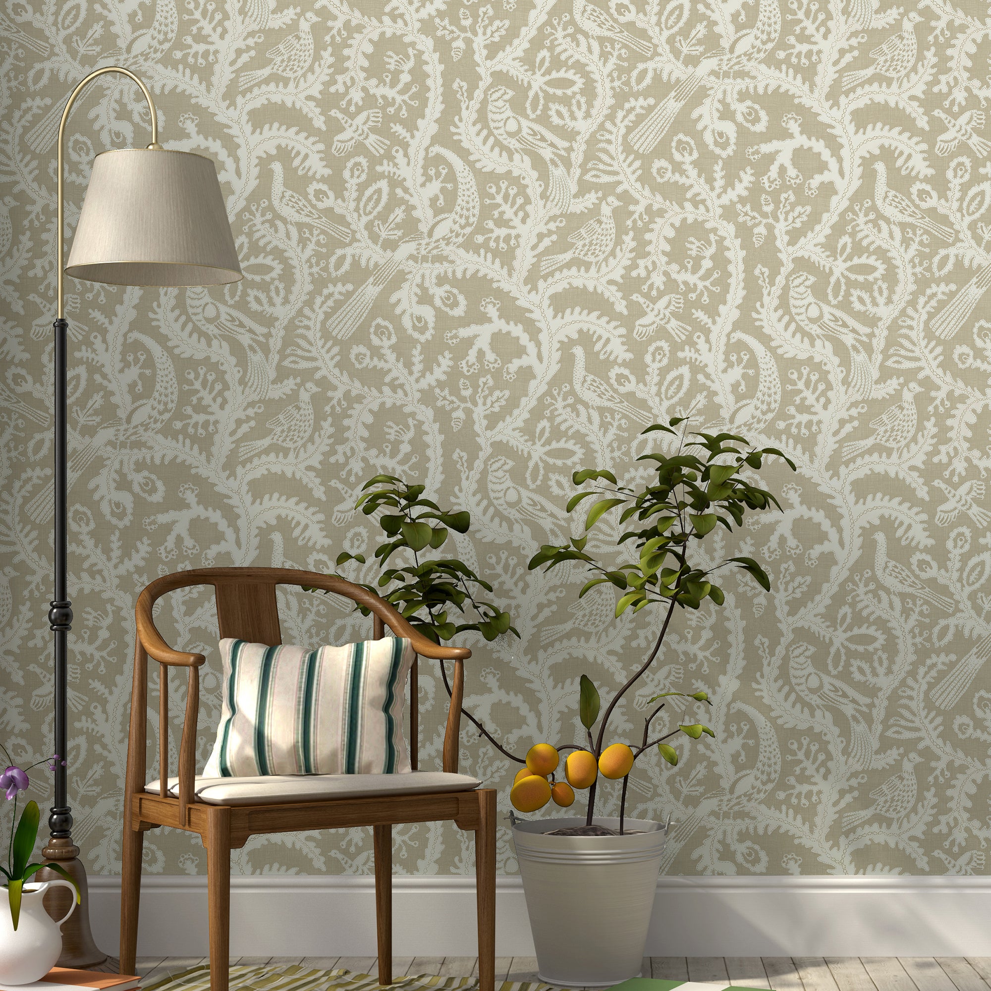Stitched Birds Wallpaper in griege color - pattern number JMW1035.11.0 - by Kravet in the Josephine Munsey Juniper collection
