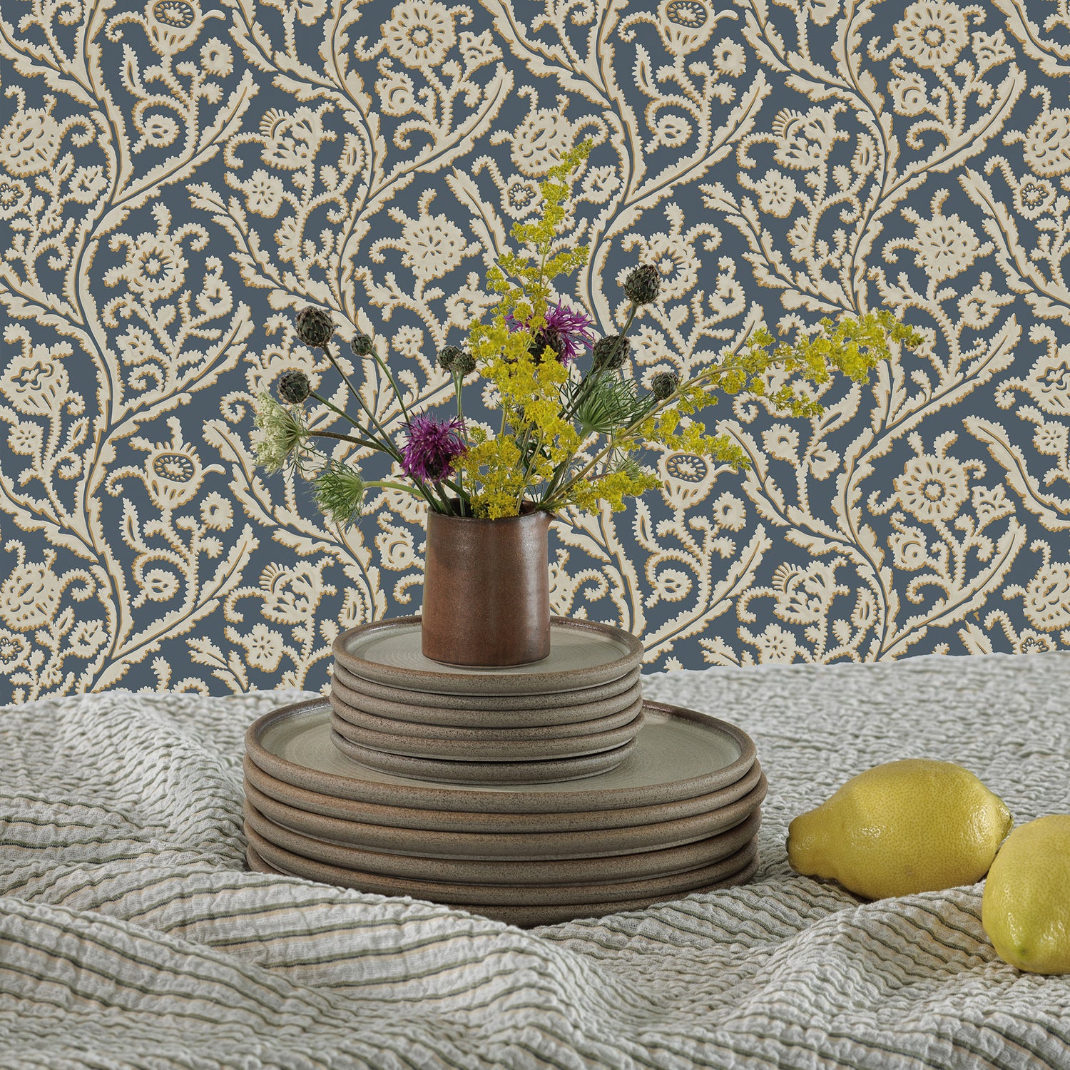 Letti Wallpaper in navy and mustard color - pattern number JMW1044.91.0 - by Kravet in the Josephine Munsey Alma collection