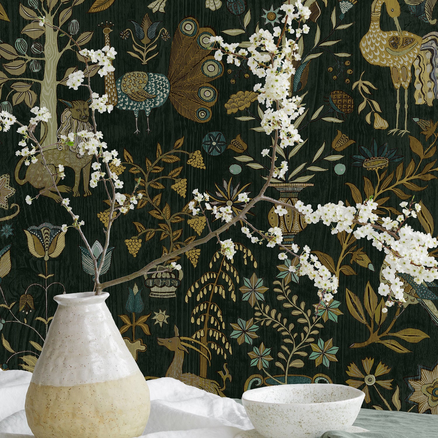 Fable Garden Wallpaper in olive and black color - pattern number JMW1045.11.0 - by Kravet in the Josephine Munsey Alma collection