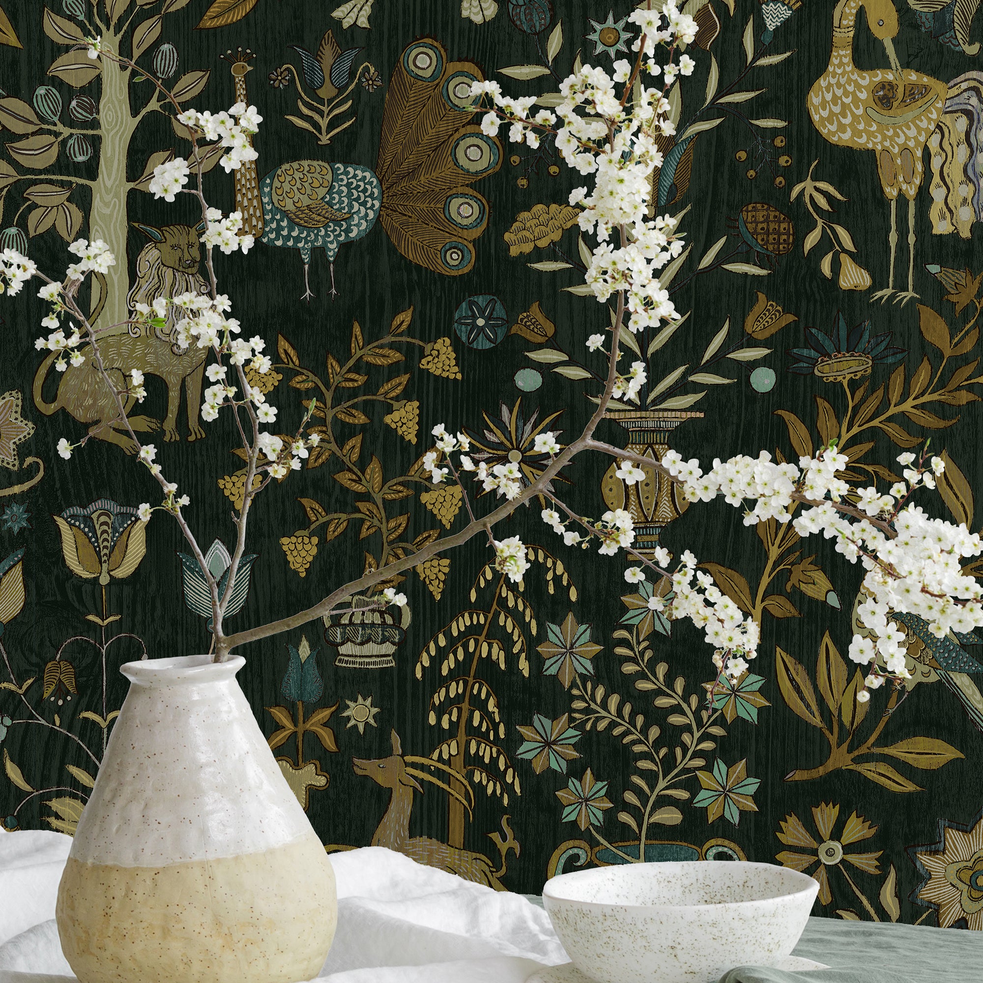 Fable Garden Wallpaper in olive and black color - pattern number JMW1045.11.0 - by Kravet in the Josephine Munsey Alma collection